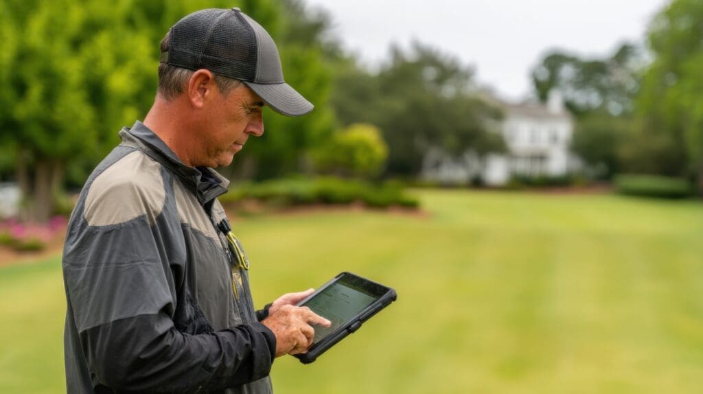 A golf course manager reviewing digital moisture data on a tablet.