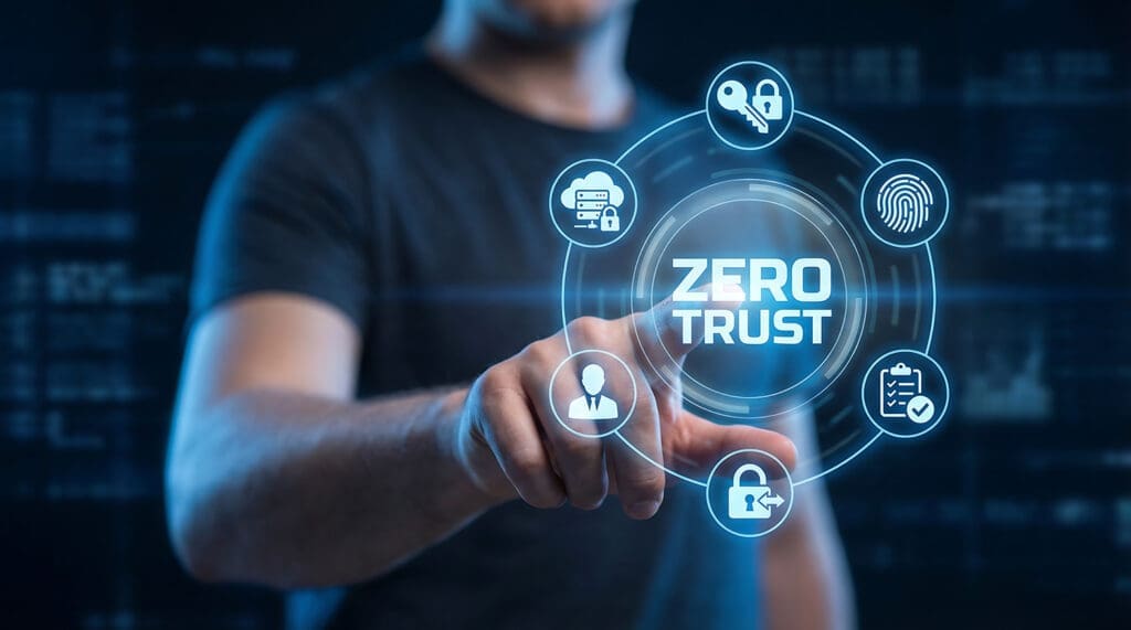 A man interacting with zero trust security icon.