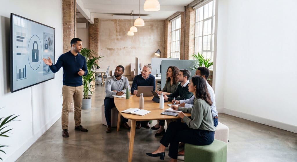 Cybersecurity training session for a small business team